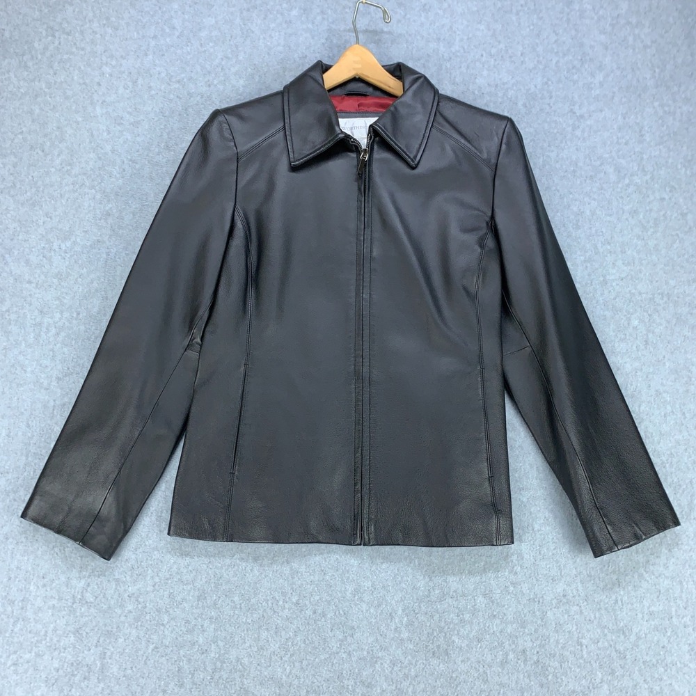 Worthington Leather Jacket Womens Petite Medium Black Nappa Zip Front Coat